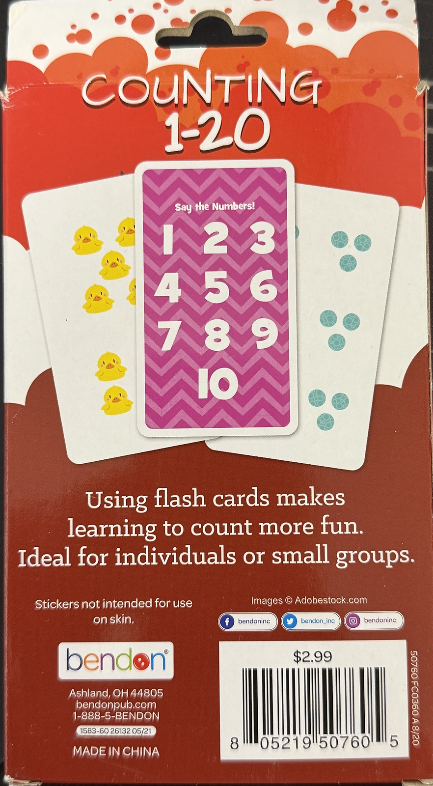 Bendon Counting 1-20 Pre-K Flash Cards Includes Reward Sticker NEW