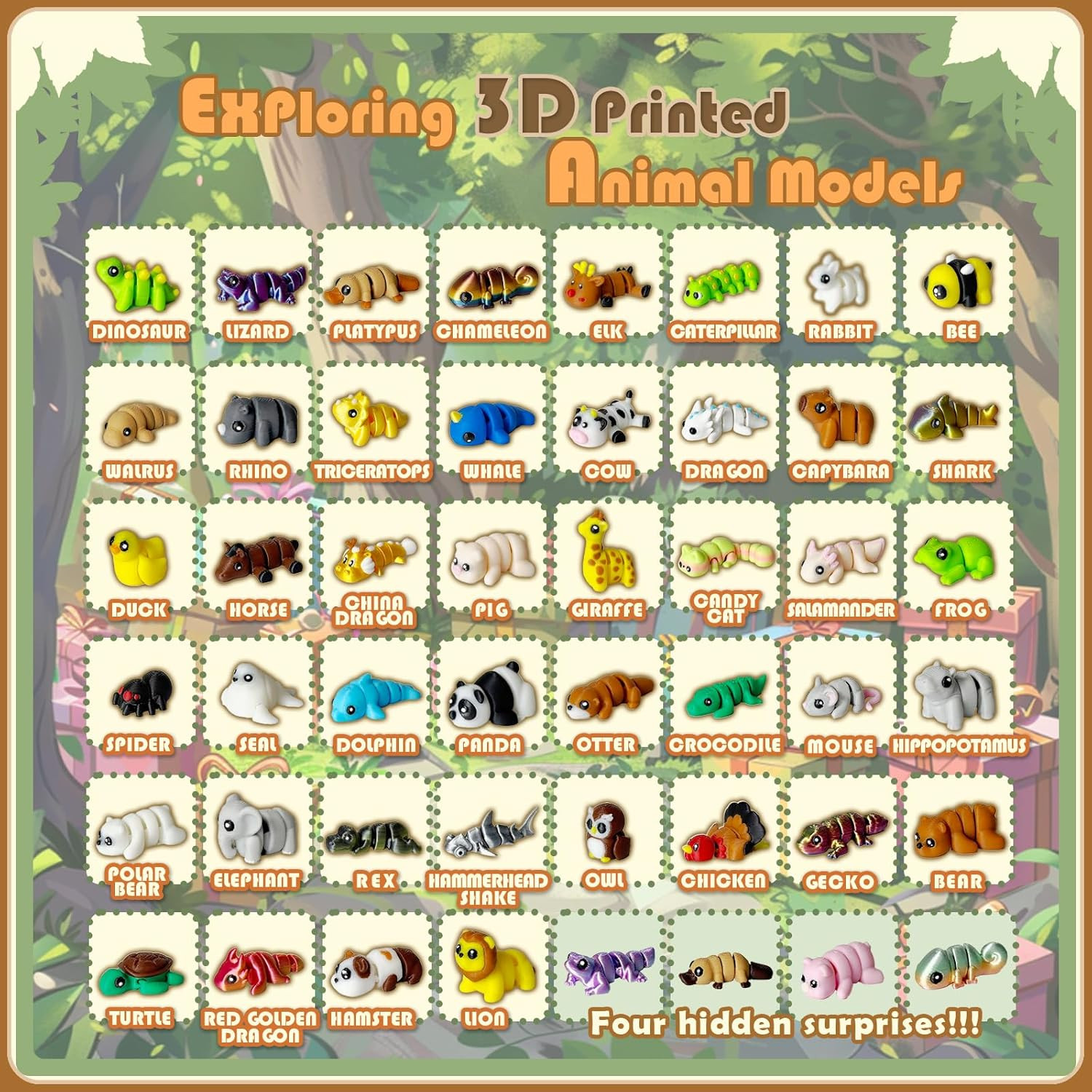 20Pcs Mini Animals Figurines Set, 3D Printed Mini Animal Tiny Things Flexible Fi