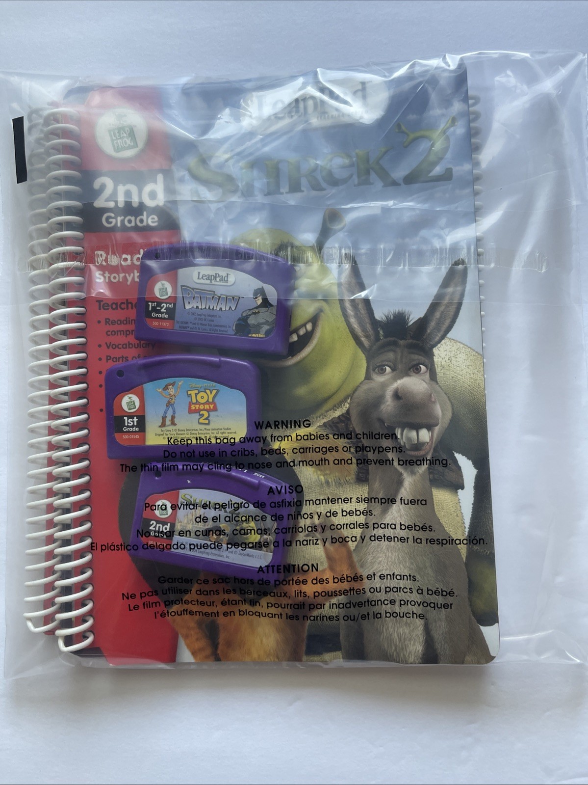 Leap Frog Pad 1st 2nd Grade Shrek 2, Toy Story 2, Batman Books & Cartridges Good