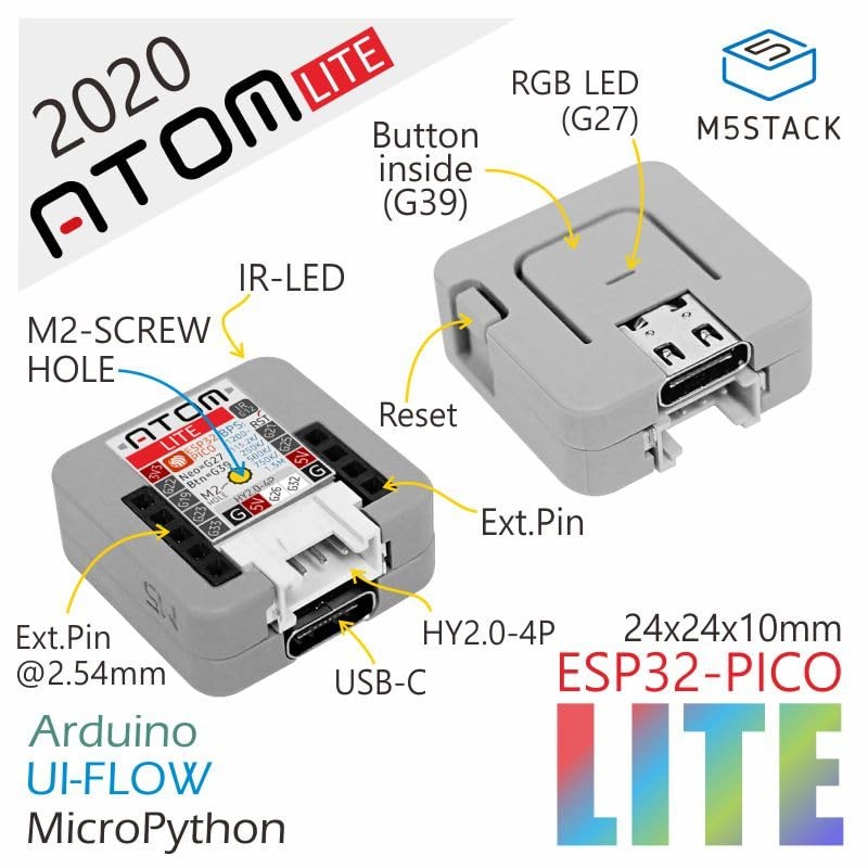 M5Stack Official ATOM Lite Compact ESP32 IoT 24.0 x x 9.5mm, Grey