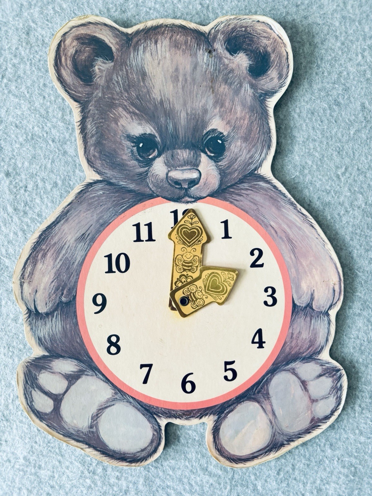 Vintage Tick Tock Teddy Bear Cardboard Learn to Tell Time Clock W/mobile Hands