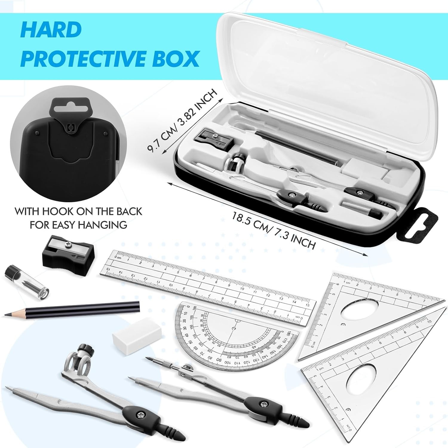 Geometry Math Set for Kids 10 Pcs Student Tools with Shatterproof Storage Box