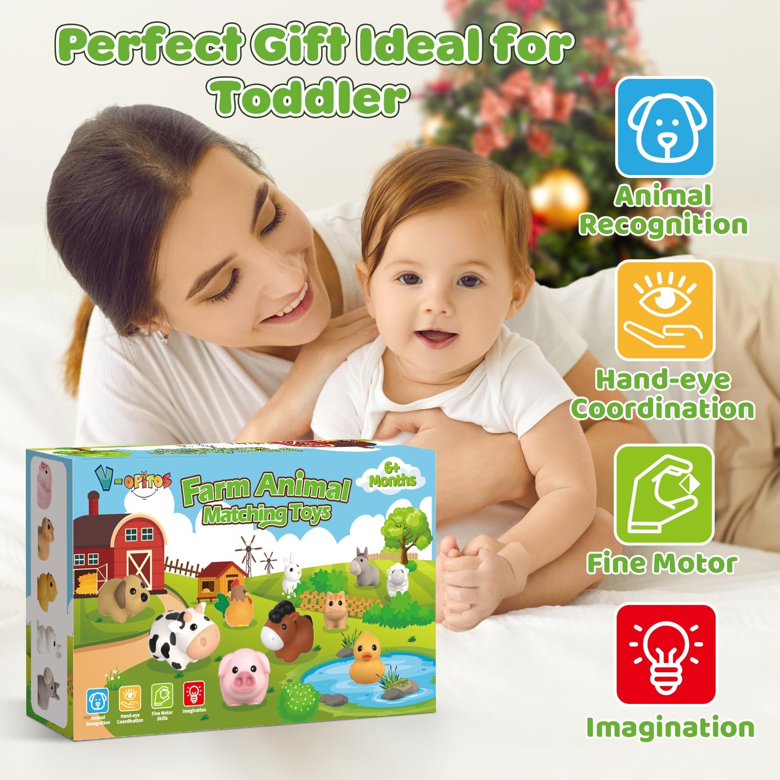 10 Pack Farm Animal Matching Toys, Montessori Gifts for 1-3 Year Old Toddlers