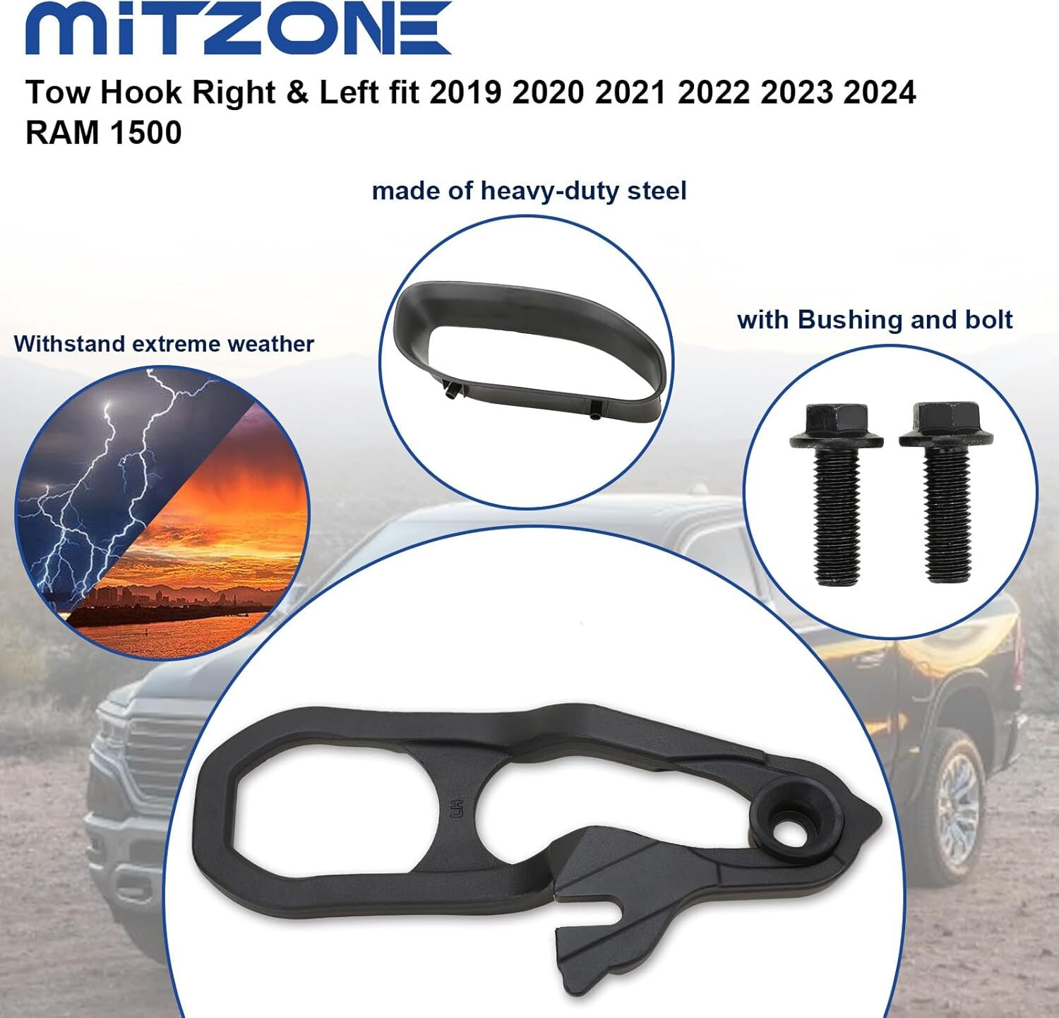 Black MITZONE Front Tow Hooks Right & Left with Bushing Compatible with 2019