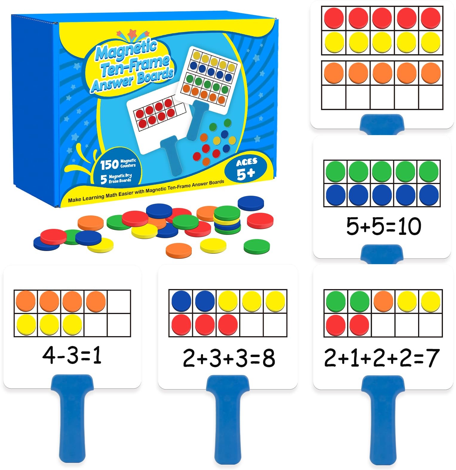 Quilinz Magnetic Ten Frame Set,5 Dry Medium, Red, Orange, Yellow, Green, Blue