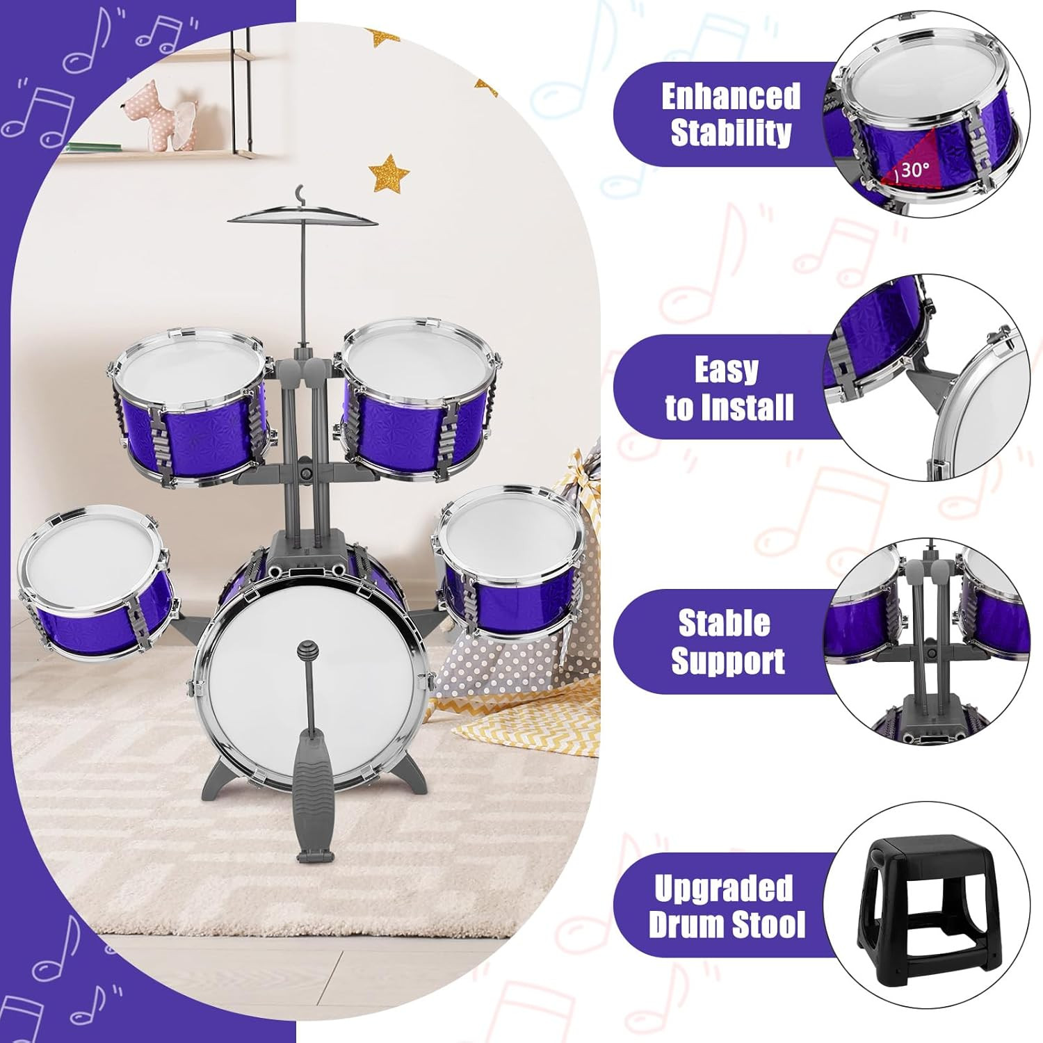 Kids Drum Set Jazz Drum Rock Kit Toys for 3 4 5 6 7 Year Old – 5 Piece Toddler B