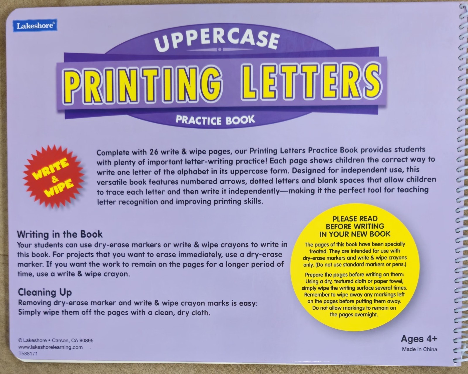 Lakeshore Write & Wipe Uppercase Printing Letters Practice Book AA555, Age 4+