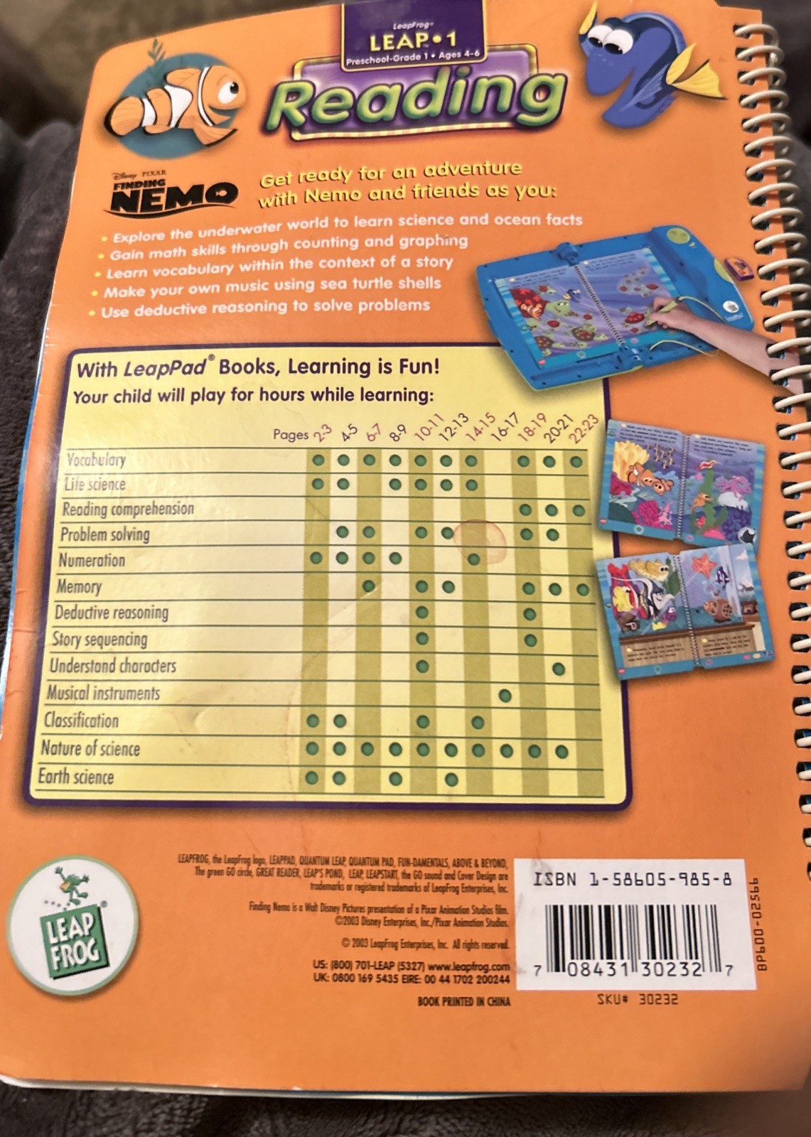 LeapFrog LeapPad Disney Finding Nemo Pre-K to 1st Grade Reading Book & Cartridge
