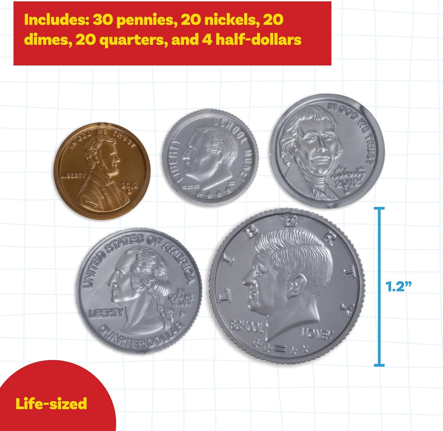 LEARNING ADVANTAGE Play Coin Set – 30 Pennies, 20 Nickels, 20 Dimes, 20 Quarters