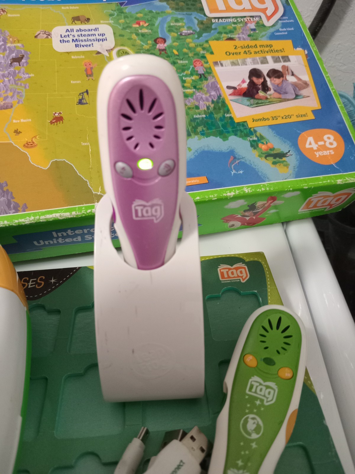 LeapFrog Tag Reading System Bundle- 2 Pens-Case- 4 Books – Map-cables-car Charge