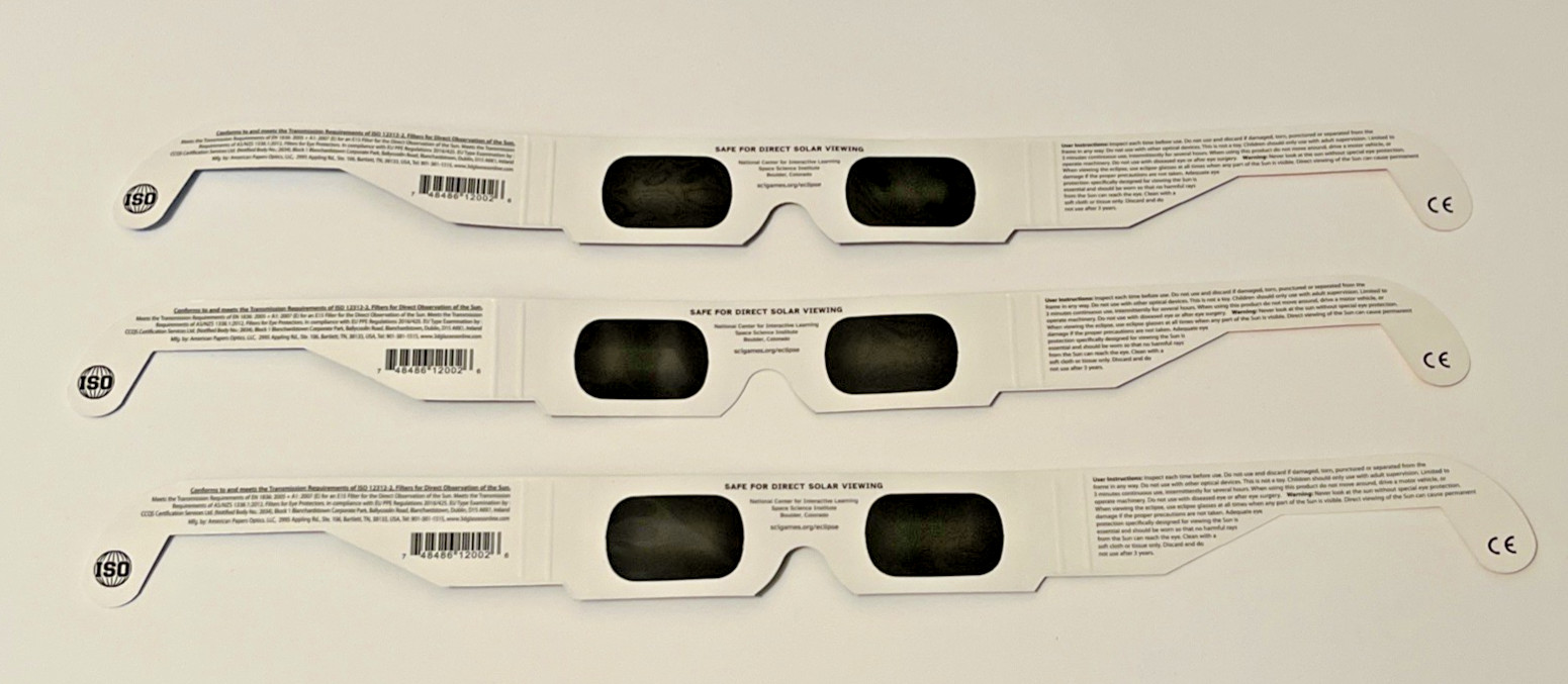Solar Eclipse Glasses ISO 12312-2 Certified | April 8 2024 | Lot of 3 | Unfolded
