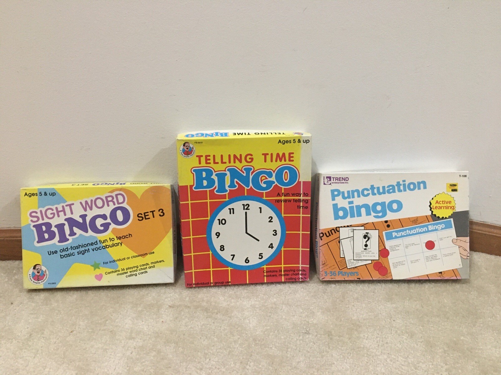 Lot of 3 Bingo Games Sight Words Telling Time Punctuation Gently Used