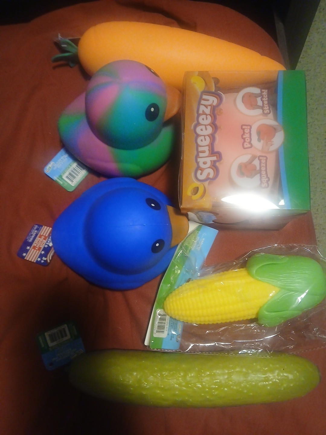 Toymendous Sunny Days Squeeezy Lot Of 6 Peach, Ducks, Corn On Cob, Pickle Carrot