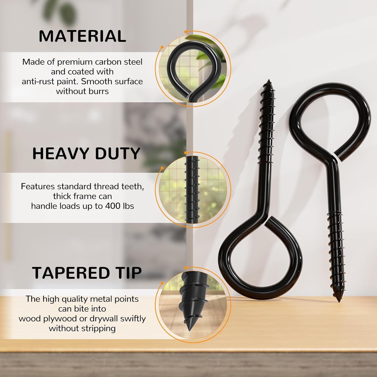 4 Pack 5 Inch Stainless Steel Eye Bolts Screw in Hooks, Heavy Duty Black Large