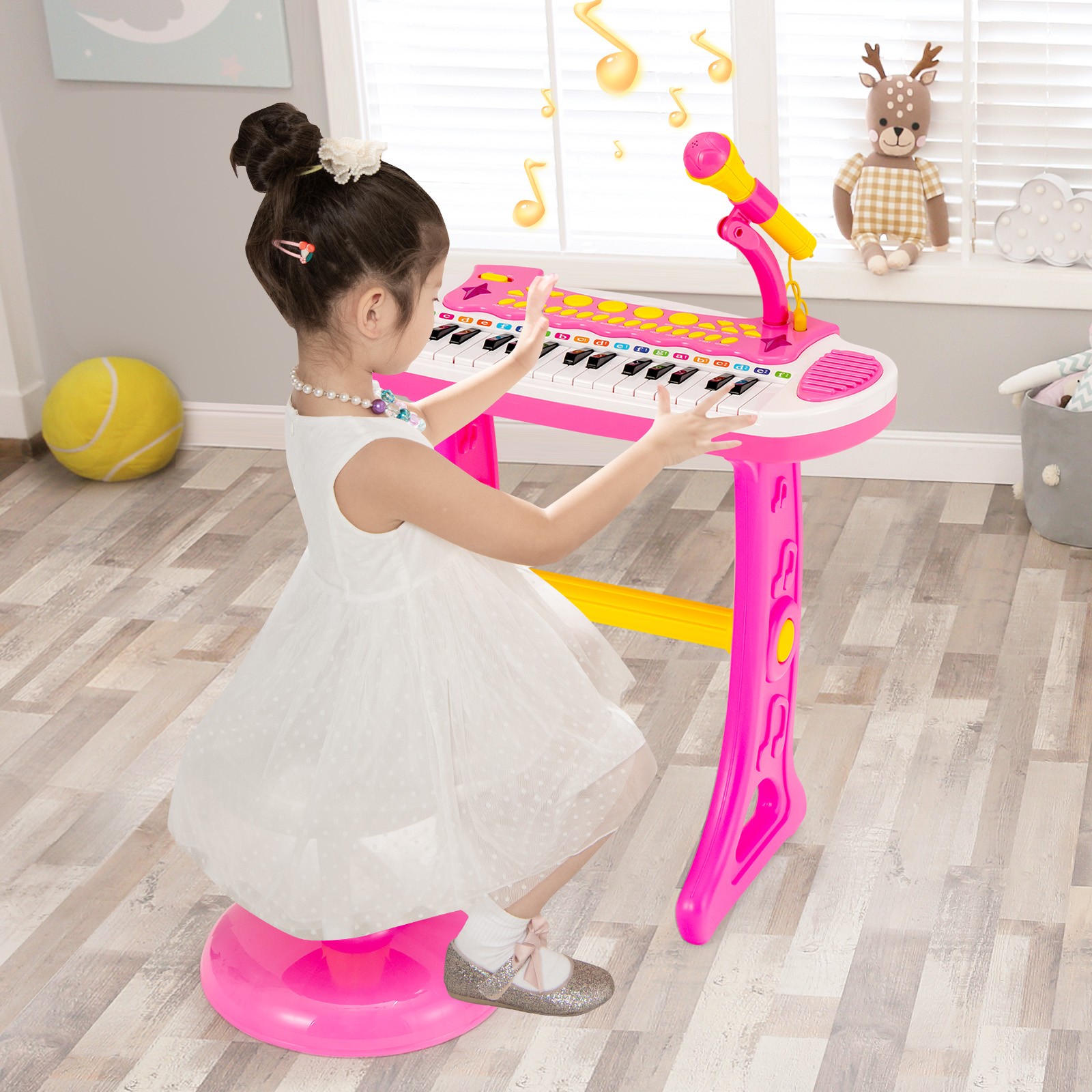 31-Key Kids Piano Stool Set w/ 8 Tones&4 Percussion Instruments &7 Rhythms Pink