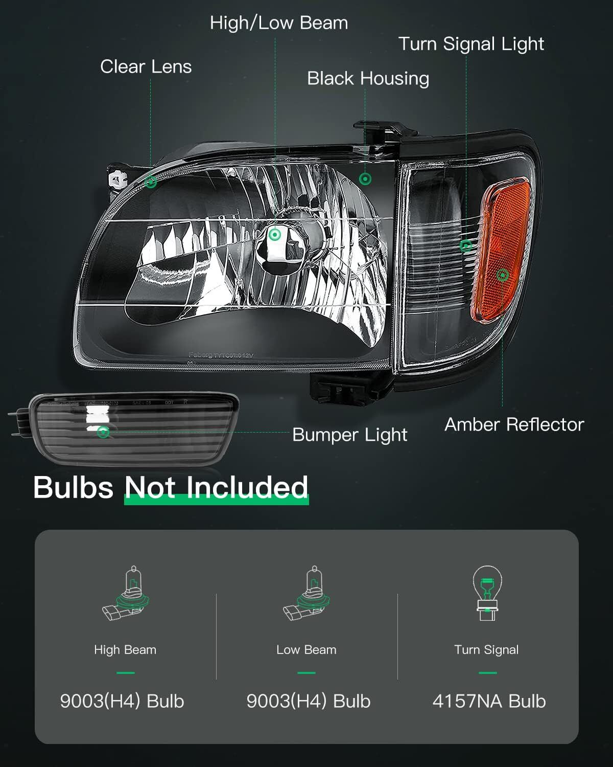 LSAILON Headlight Assembly Replacement Fit 2001-2004 For Toyota Tacoma Black