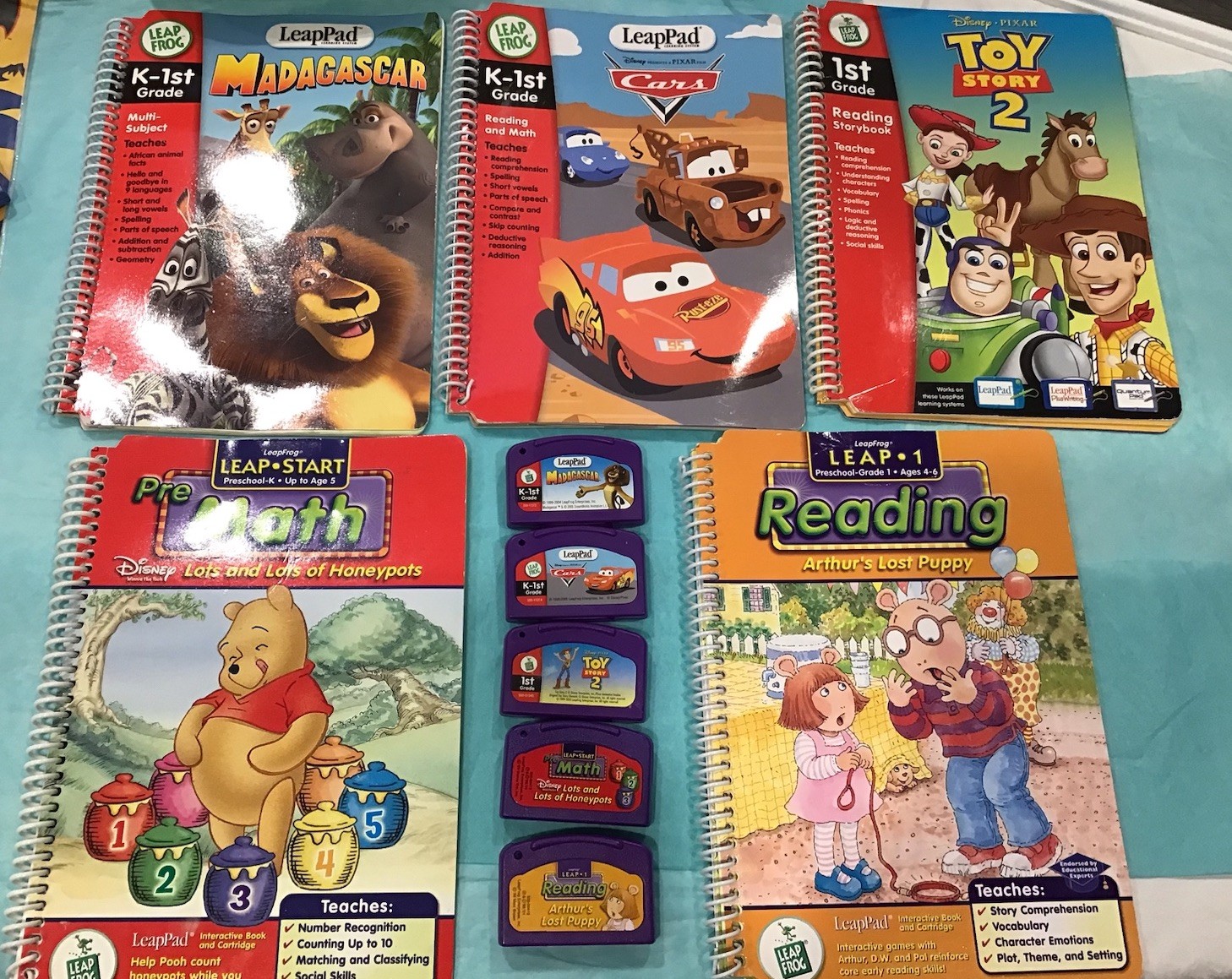 Leap Frog Leap Pad Cartridges And Books Lot Of 5 Reading ,Math,vowels,etc