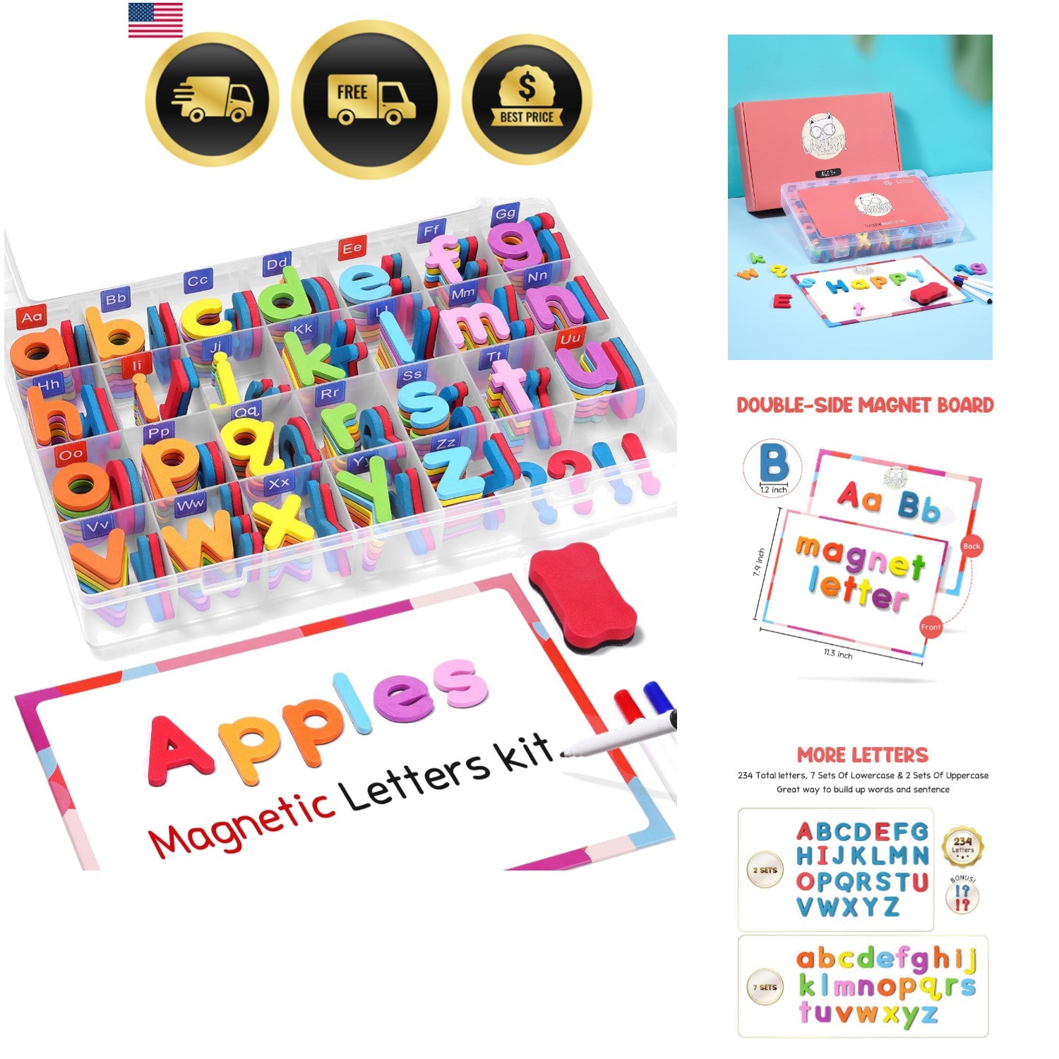 Classroom Magnetic Alphabet Letters Kit 238 Pcs with Double – Side Magnet Boa…