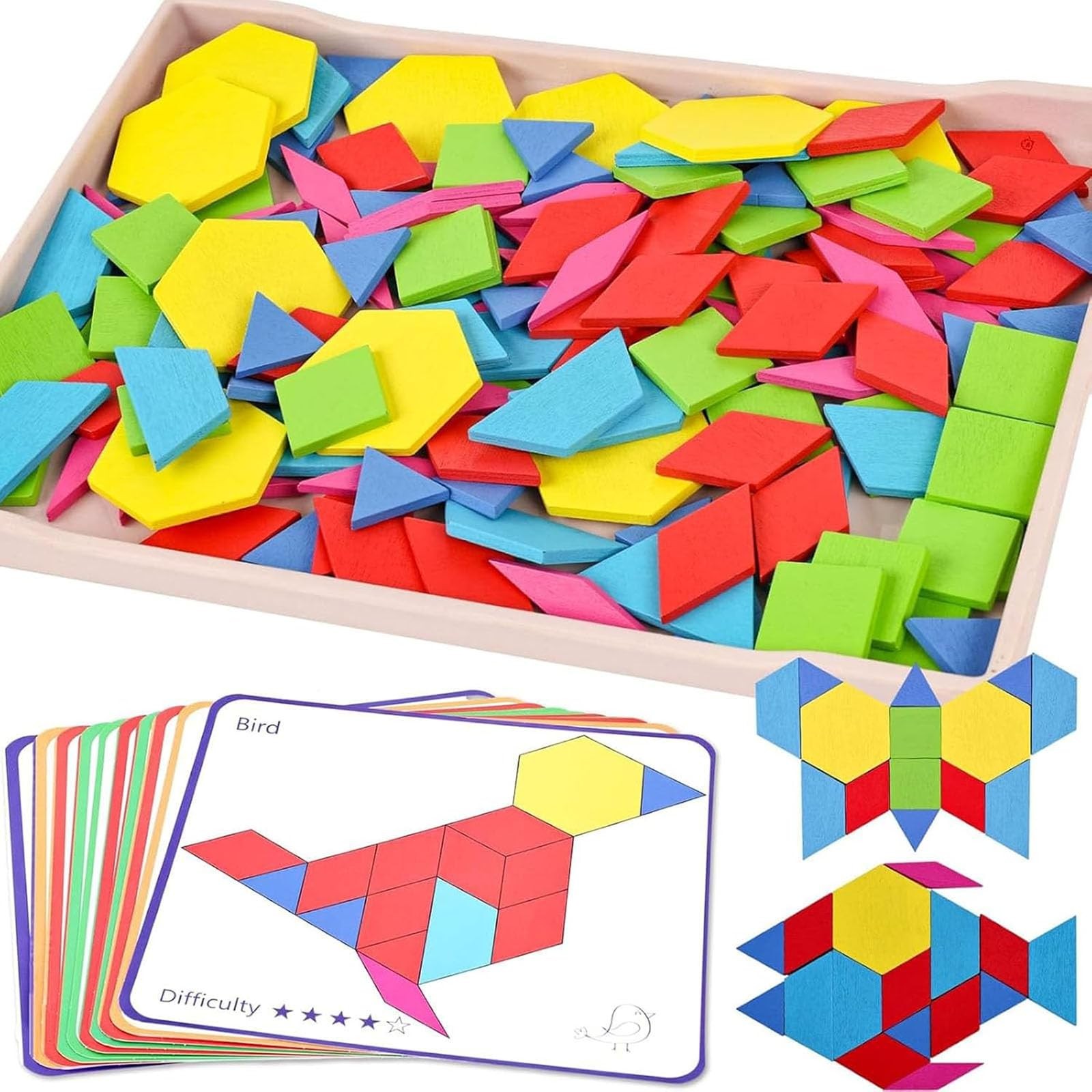 Wooden Pattern Blocks Geometric Shapes Tangram Puzzle Kids Montessori Toy