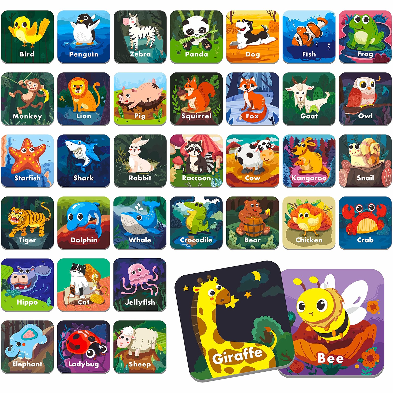 36 Pair Animal Matching Memory Game Flash Cards for Toddlers, Preschool, Kind…