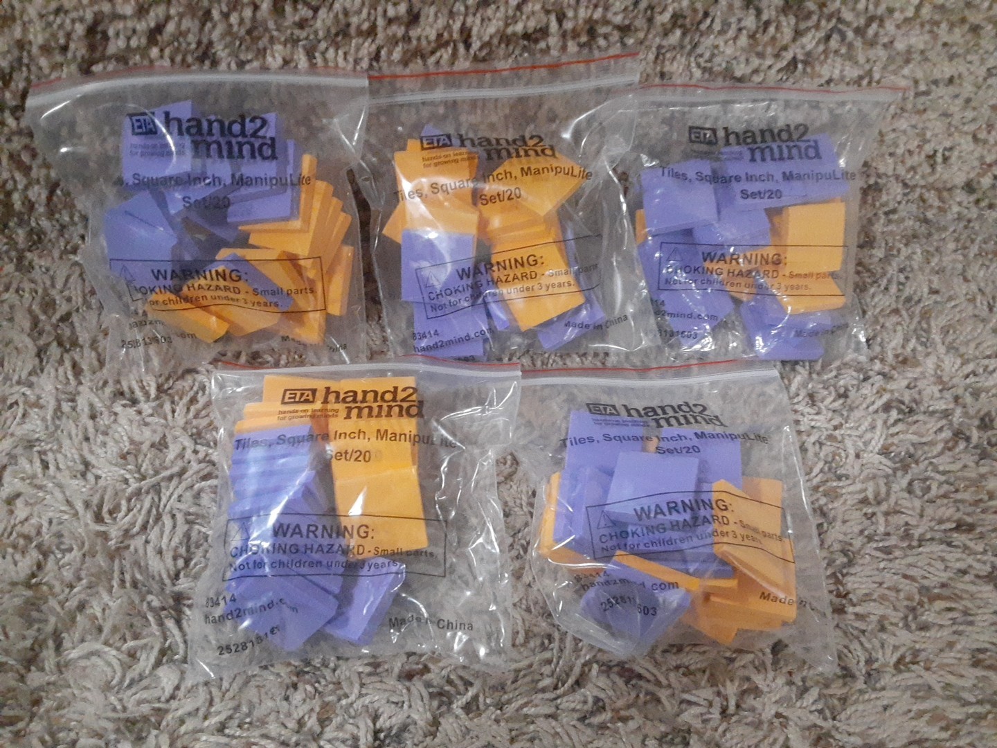 Lot of 5 ETA Hand 2 Mind Tiles, Square Inch, Manipulate, At Least 50 Blocks…..