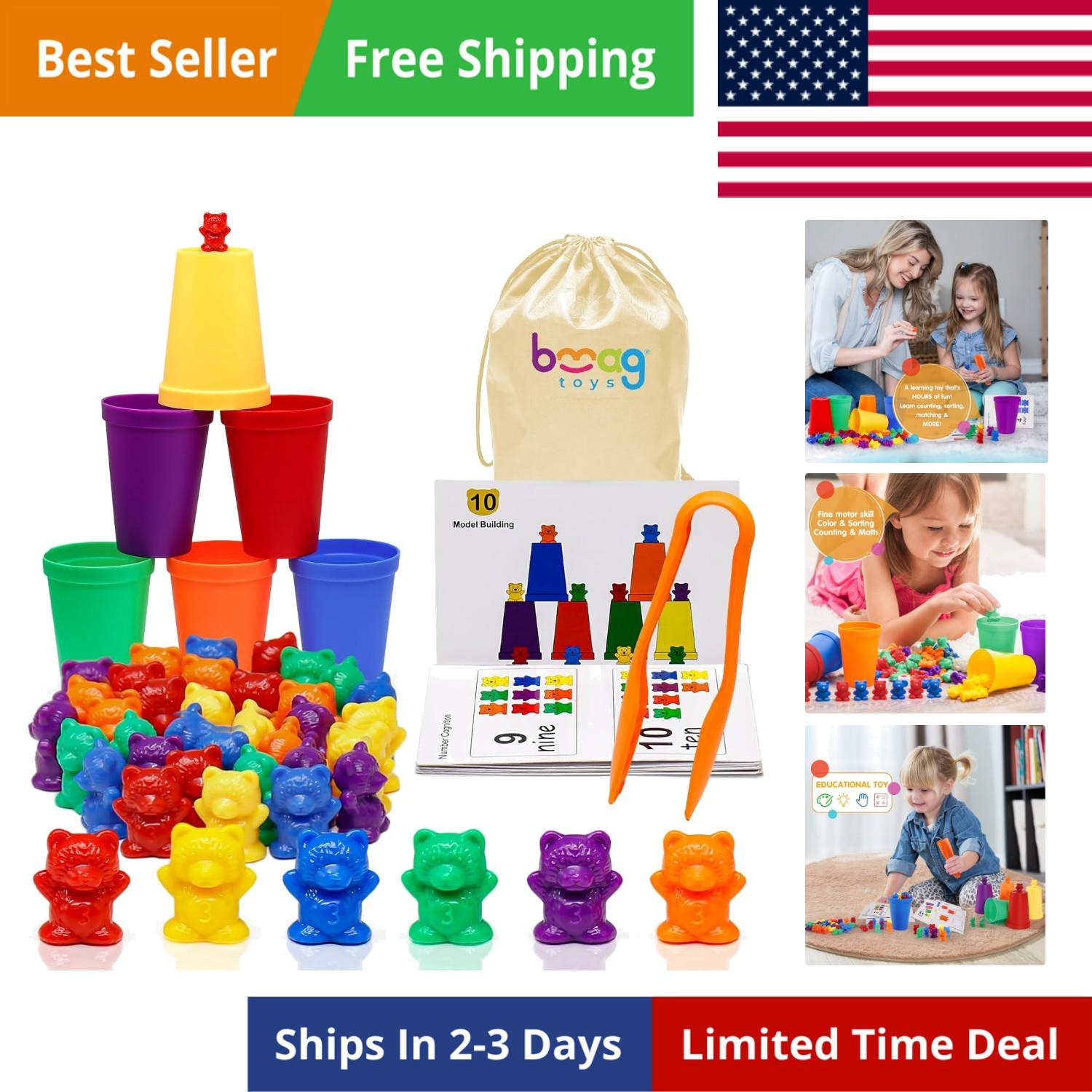Counting Bears with Matching Sorting Cups, Preschool Learning Toys Color Reco…