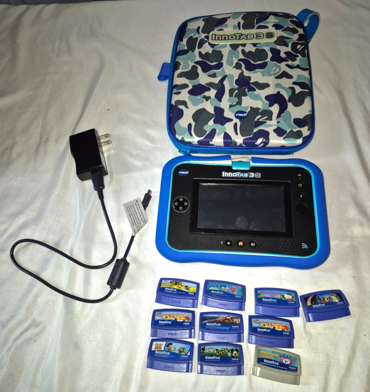 VTech InnoTab 3S Blue Wi-Fi Learning Tablet Bundle w 9 Games Case AC Adapter