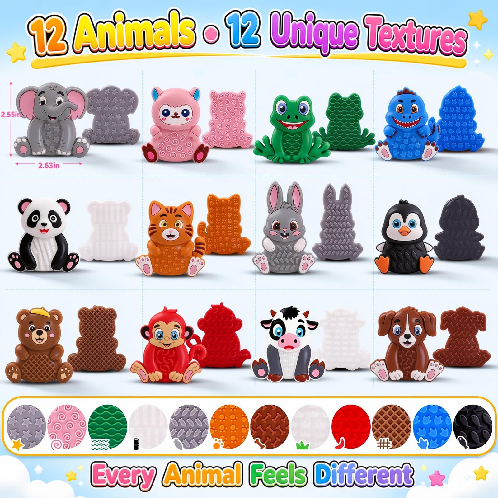 12 Pack Animal Sensory Toys for Kids Toddlers, 2.36*2.63 inches, Multi-color