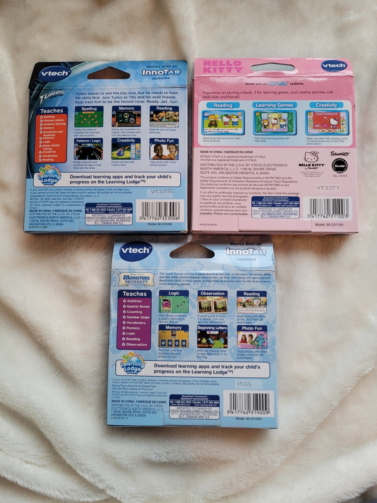 Vtech InnoTab Games Set of 3 *NEW* Hello Kitty, Monsters University, Turbo