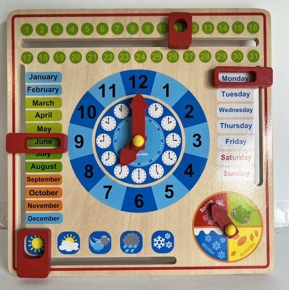 Wooden Calendar & Clock Board Learning Toy All-In-One Weather Season Date Chart
