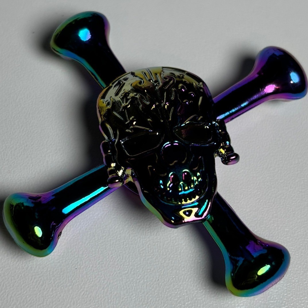 Iridescent Skull and Crossbones Metal Fidget Spinner Rainbow Oil Slick Finish