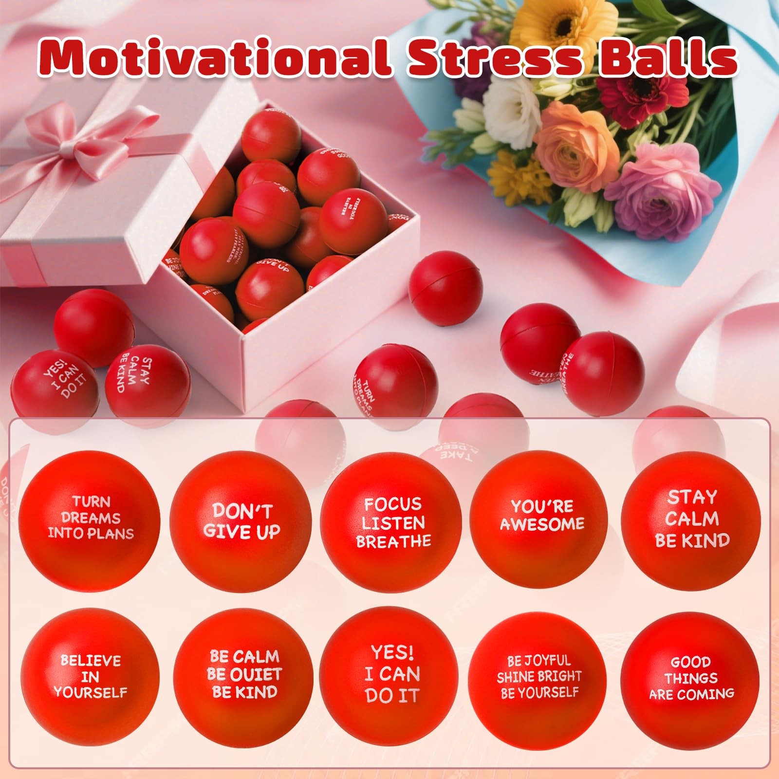 SHQDD 100PCS Motivational Stress Balls for Adults and Kids – 1.57 inches, Red