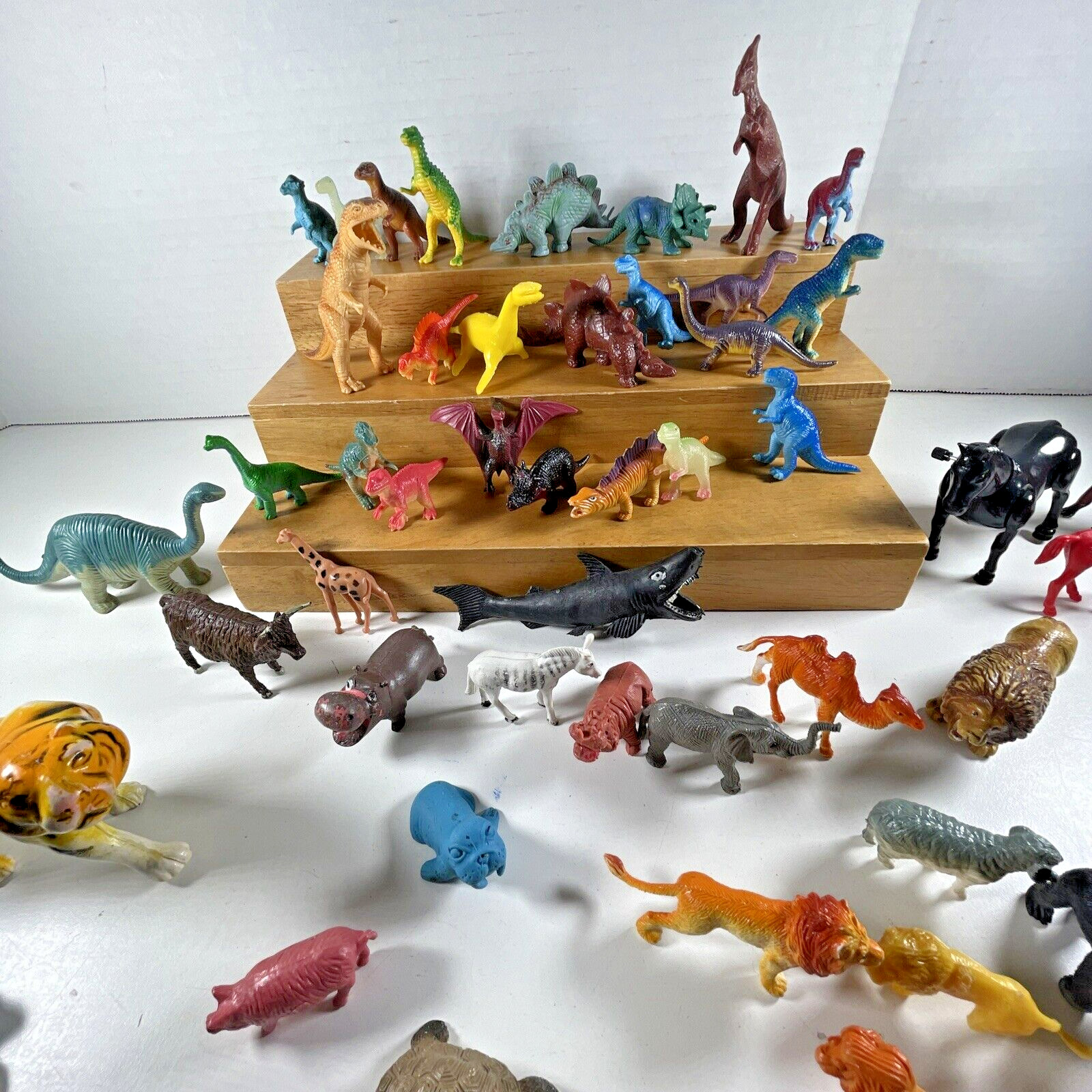 Estate TOY BOX LOT of 65 Miniature Toy Plastic Animal, Dinos + Figures
