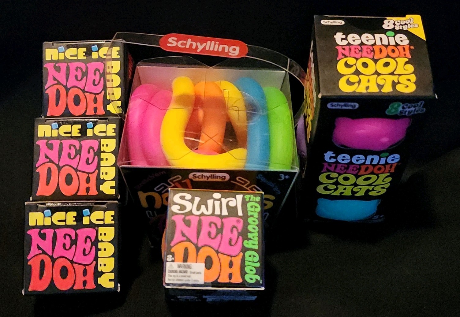 Schylling Teenie NeeDoh Bundle Cool Cats 3Pk 3 NIce Cube Baby SwirlBall Noodlies