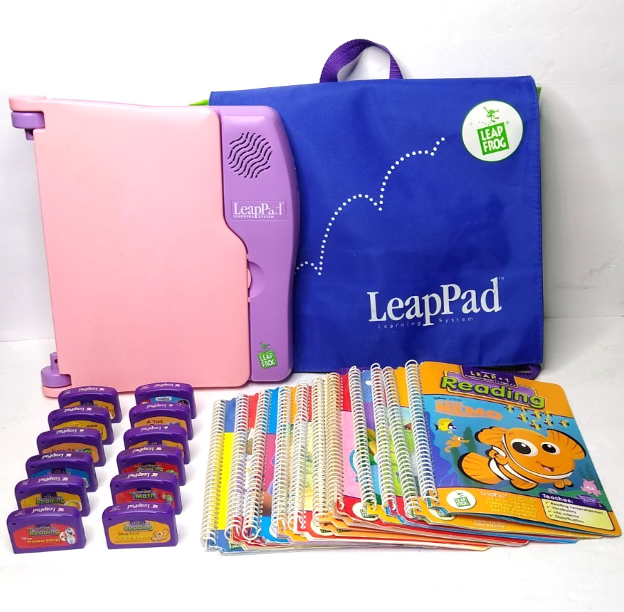 VTG Leap Frog Pink Pad Learning System Reader, 12 Cartridges, 11 Books, Backpack