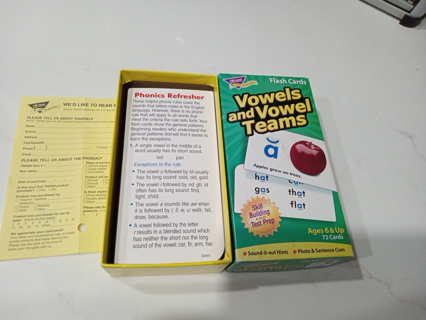 PHONICS Vowels & Vowel Teams Skill Drill 72 Flash Cards 3″x6″ Ages 6+ Homeschool