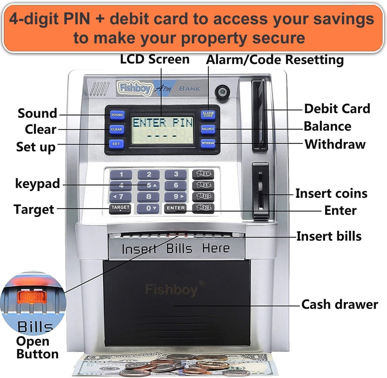 Fishboy ATM Piggy Bank for Kids with Power-Off Memory and Debit Card for Real…