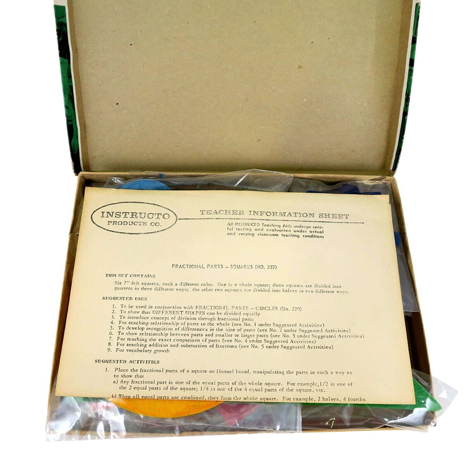 1960s Instructo Fractional Parts Felt Set – Mixed Shapes – Instruction Sheet