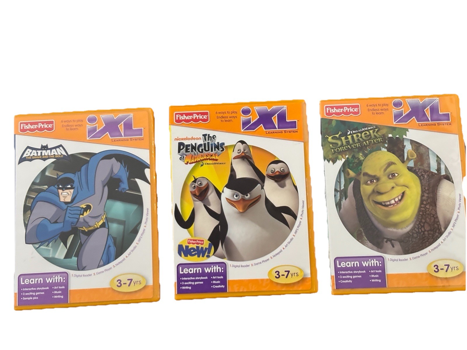 Fisher Price iXL Software Lot 3 Games Batman Shrek Penguins Learning System Gift