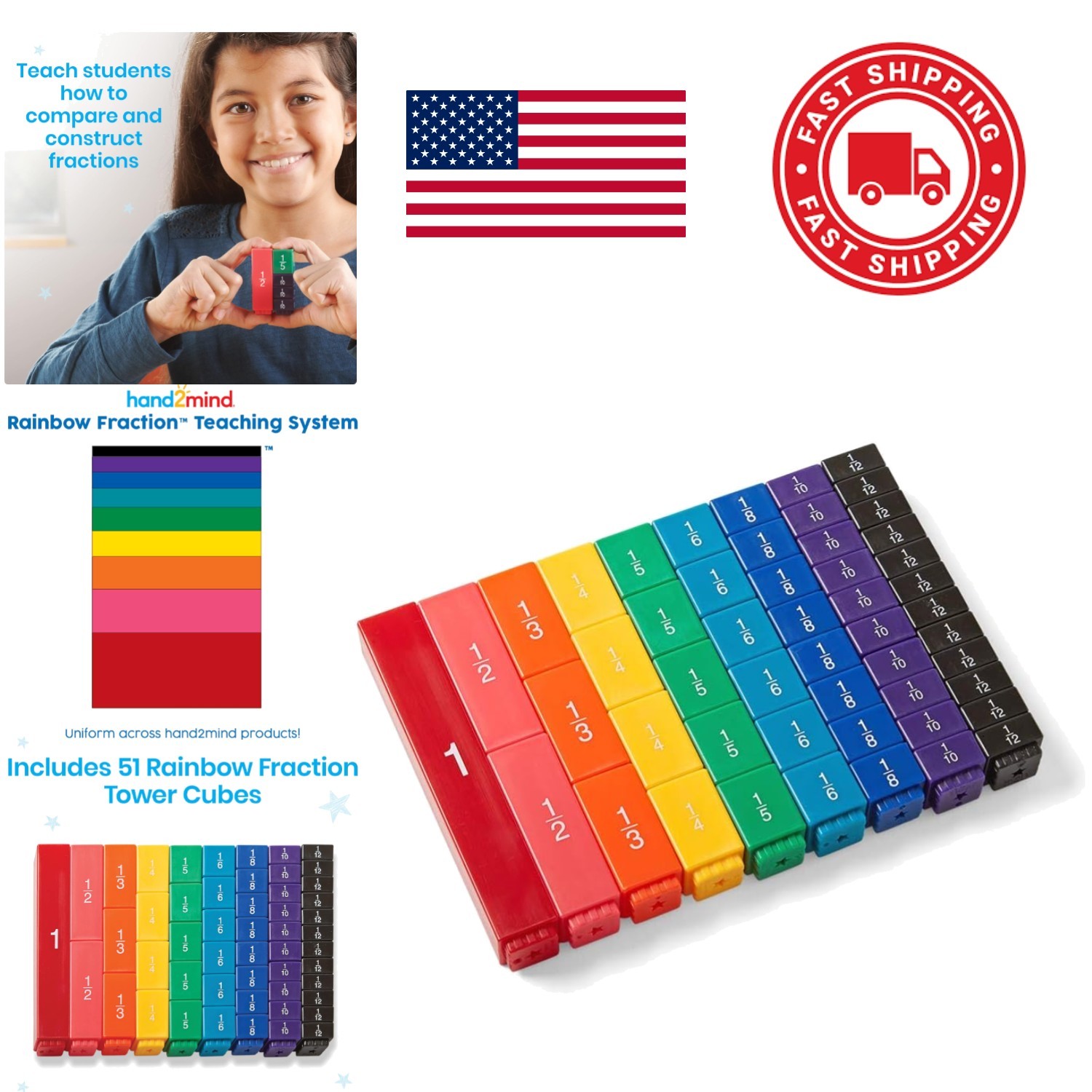Rainbow Fraction Tower Cubes Set of 51 Multi Color Plastic Math Manipulatives