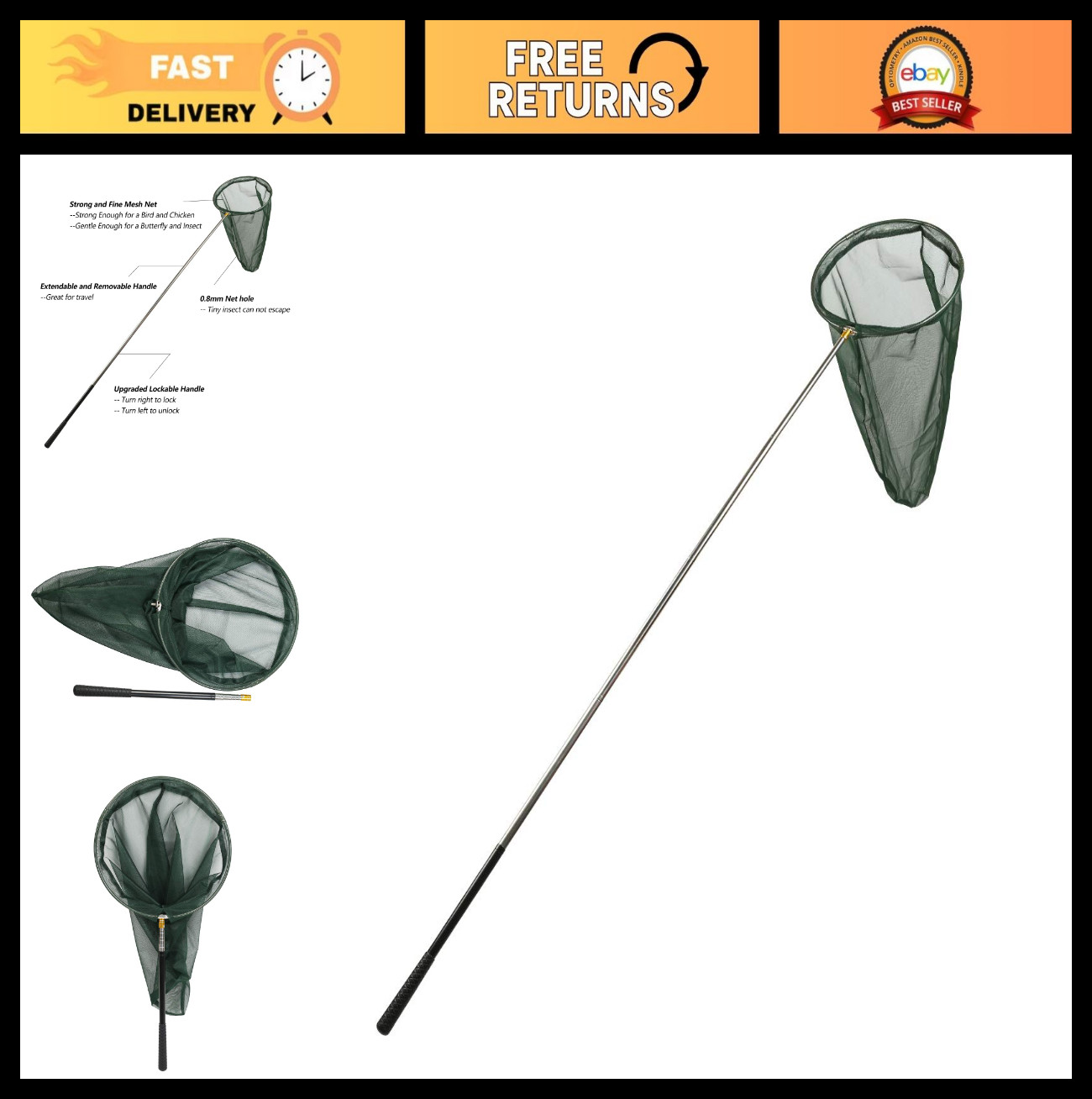 Professional Insect & Butterfly Net – 14″ Ring, 26″ Depth, 59″-73″ Telescopic Ha