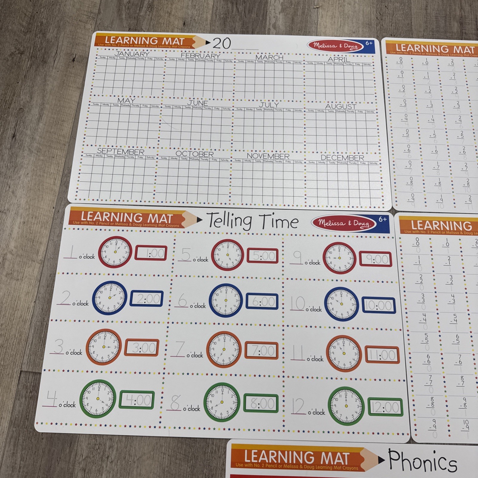 Melissa & Doug Double Sided Learning Mats Lot x5 Time, Phonics, Calendar, + & –