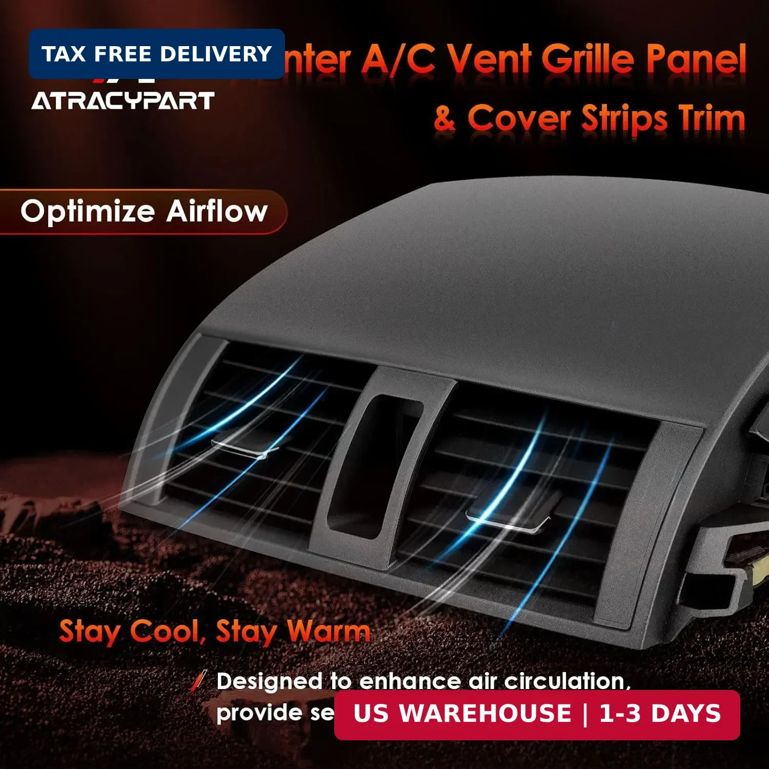 Center A/C Dash Air Vent, Compatible with 2008-2013 Corolla, w/Cover Strips Trim