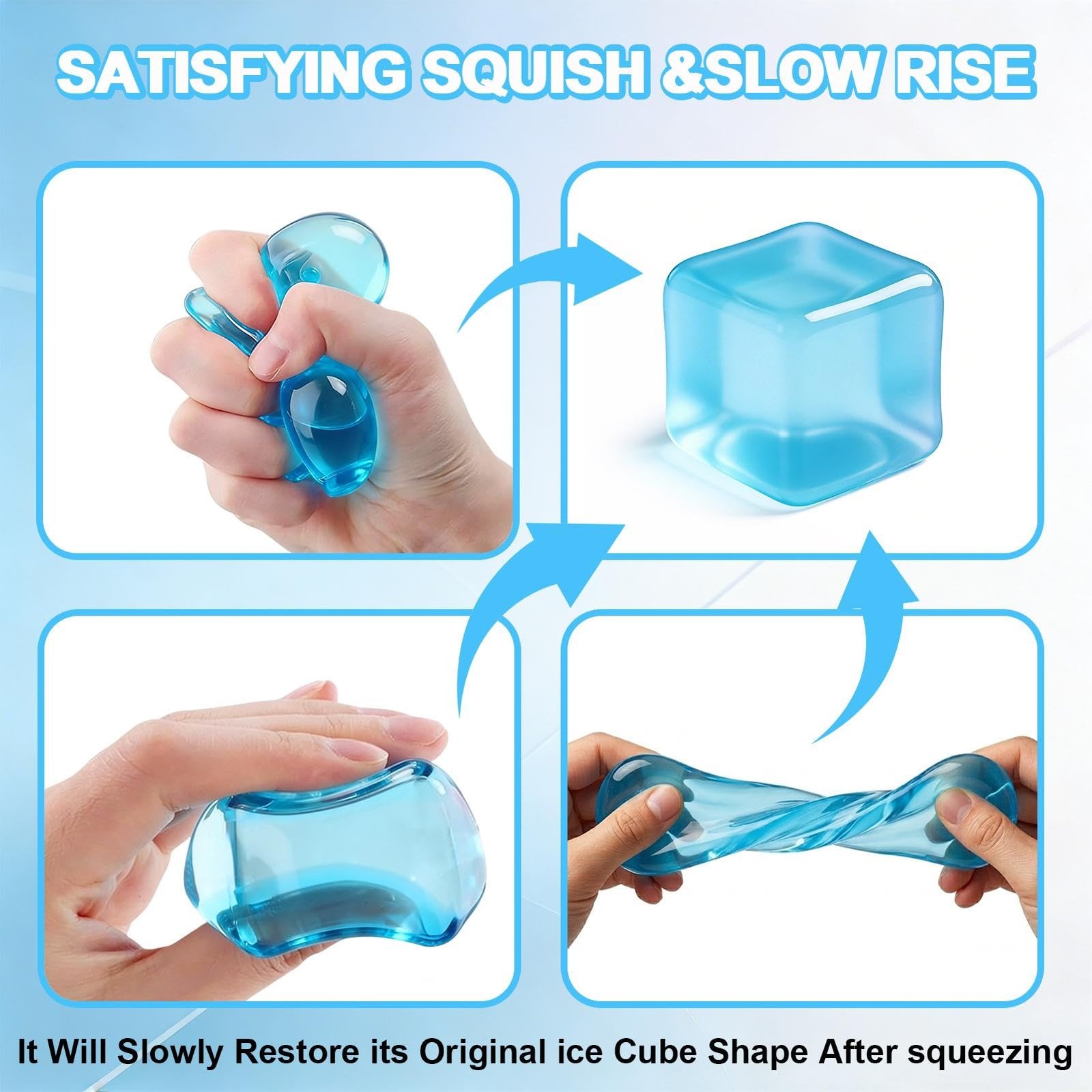 Cube Squishy Stress Relief Toys, Clear Sensory Fidget Toys for Anxiety & Blue