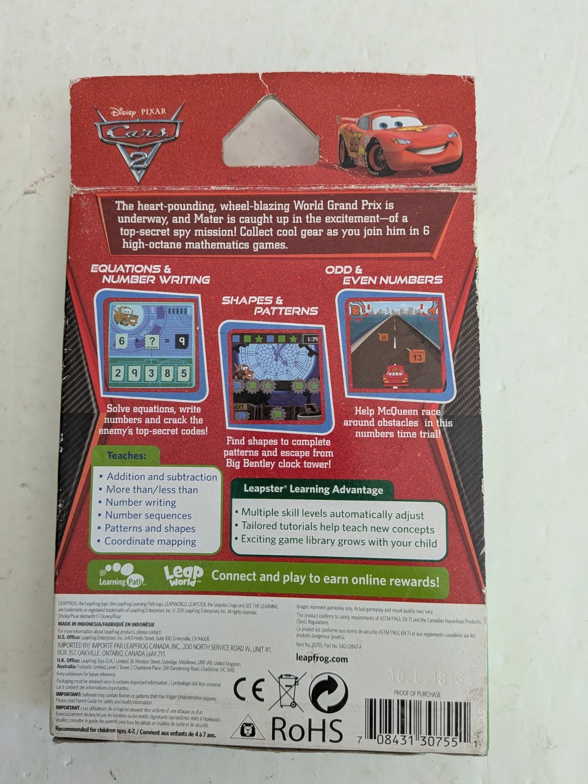 LeapFrog Leapster Disney Pixar Cars 2 Learning Game Ages 4 – 7 Years Brand New