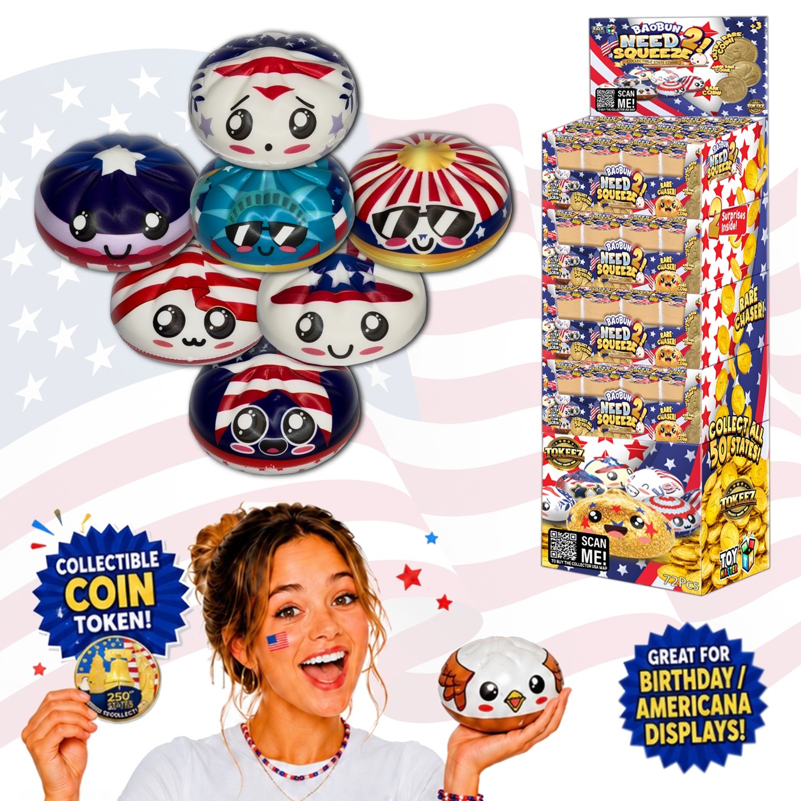 Toy Master Happy Birthday America PU Bao Bun Squishy w/ Surprise Token