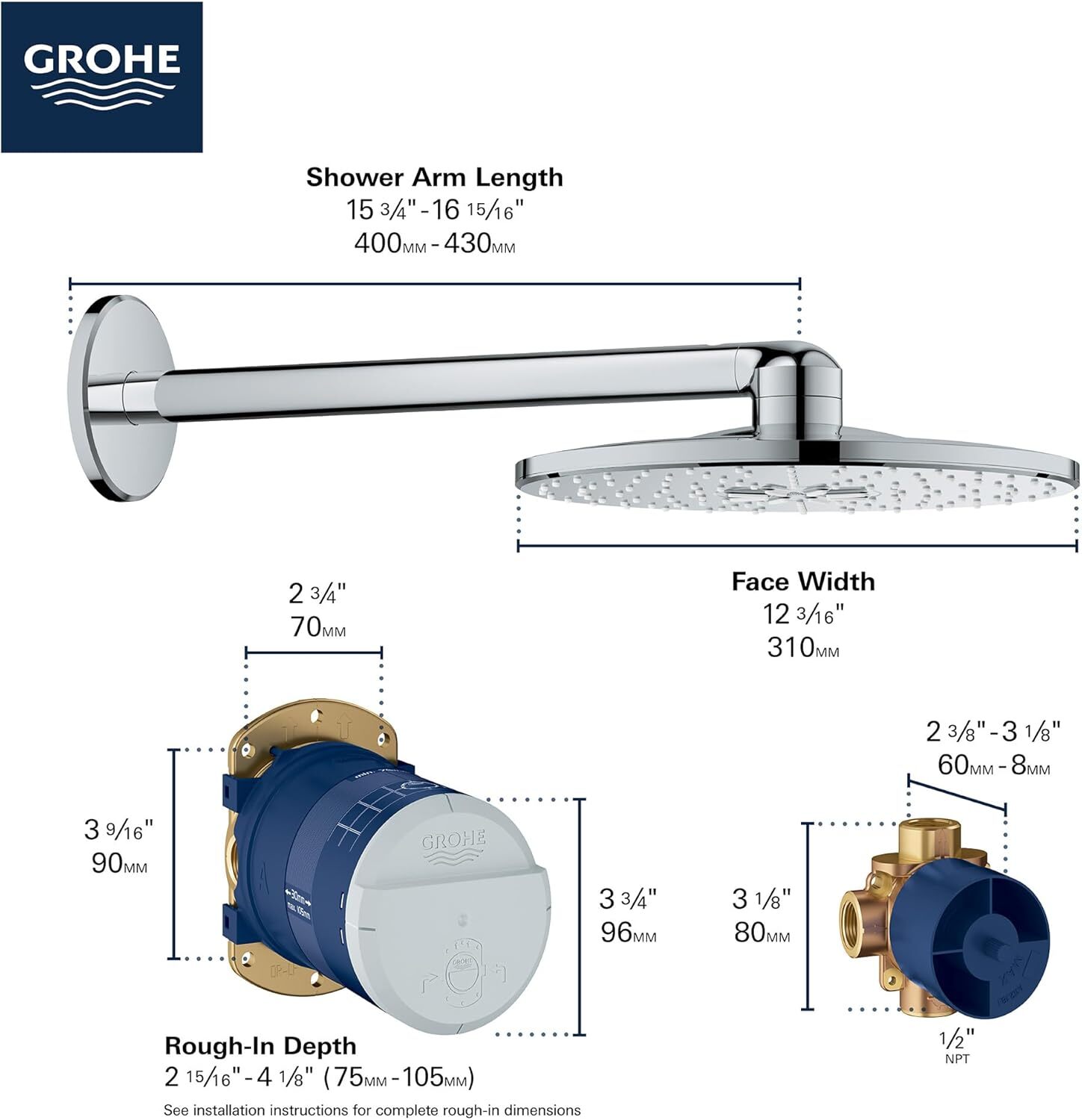 GROHE 26502EN0 Rain Shower 310 Smartactive 2 Spray Head Set, Brushed Nickel , 12