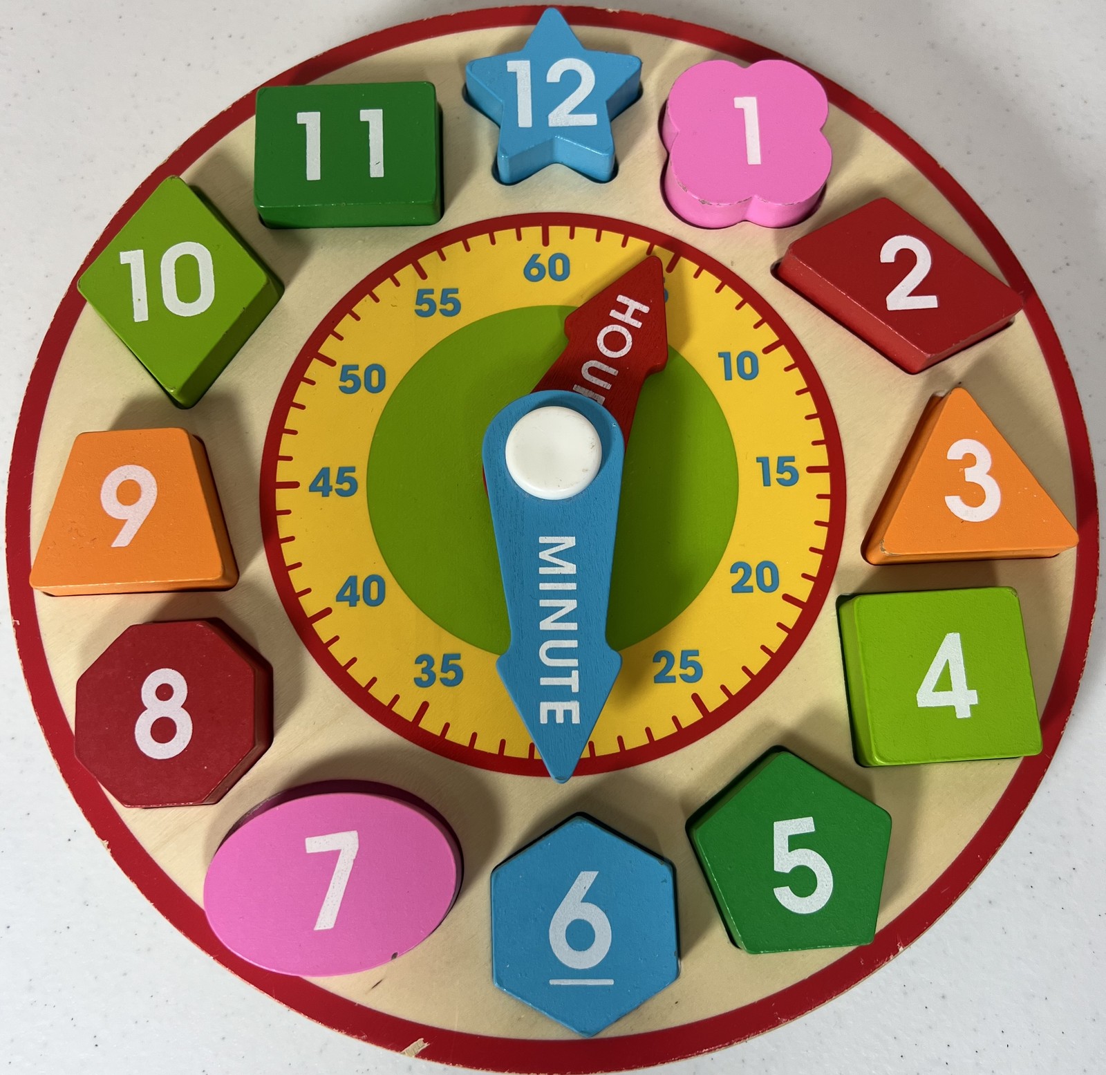 Wooden Educational Clock Puzzle Shape Sorter Telling Time Numbers Colors Kids