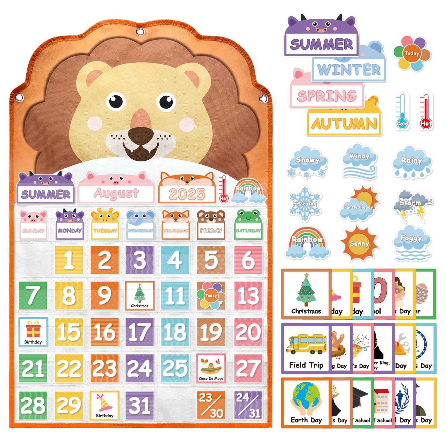 Animal Face Monthly Calendar Pocket Chart for 4 x 6 inches, orange