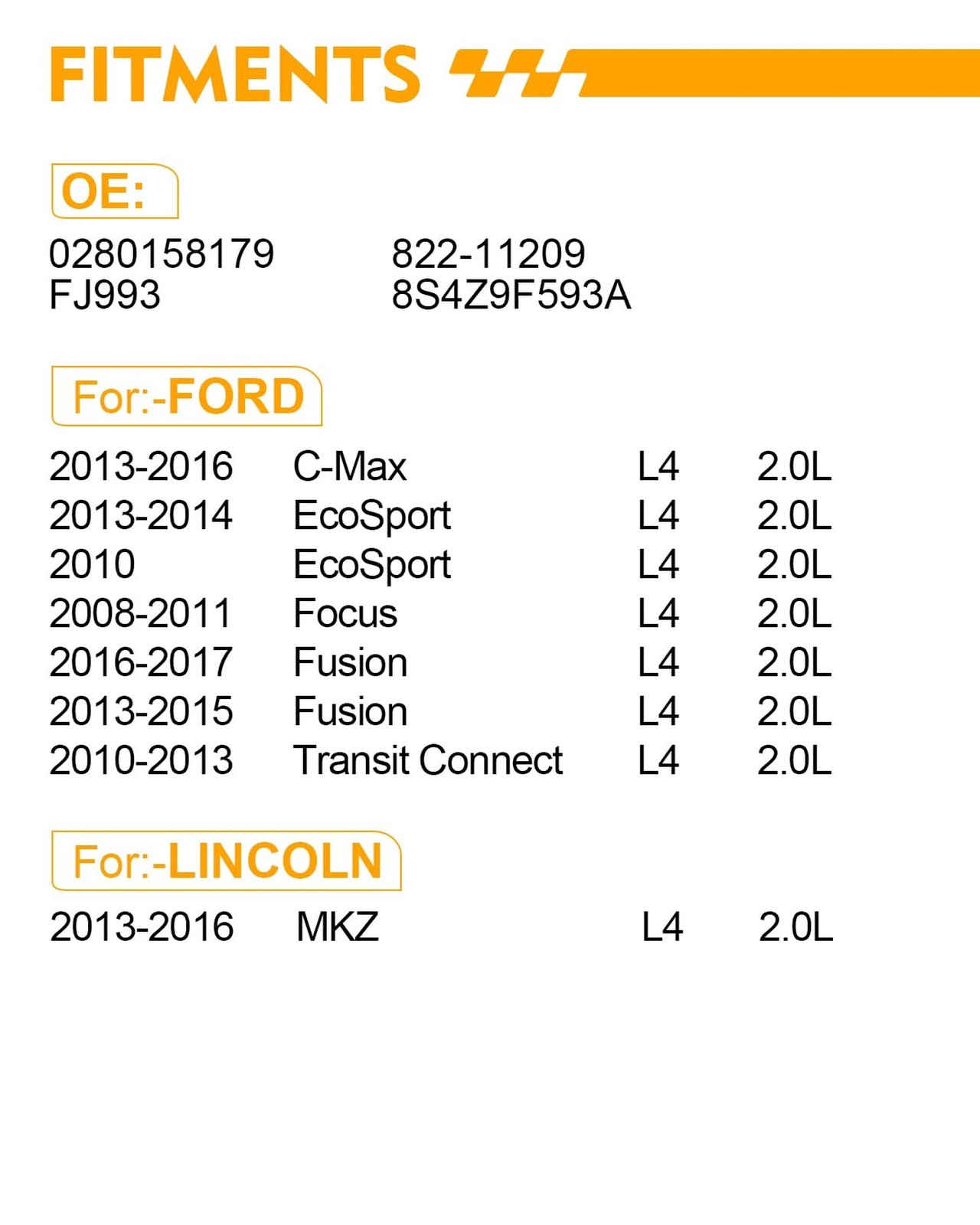 0280158179 2.0L L4 Fuel Injectors Fit For:-Ford Fusion 2013-2017, Transit Con…